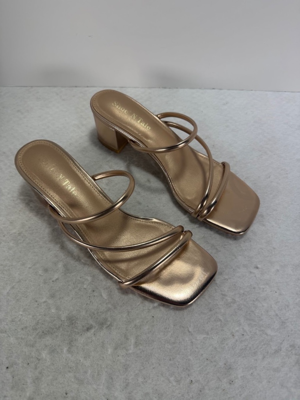 Stone N' Tale Womens 8.5 Rose Gold Metallic Strappy Block Heel Slide Sandals